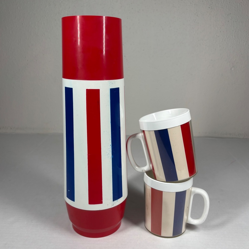 VTG 70s Thermo Serv Rocket 2Qt Carafe Mugs Set Red Blue White Stripe Insulated